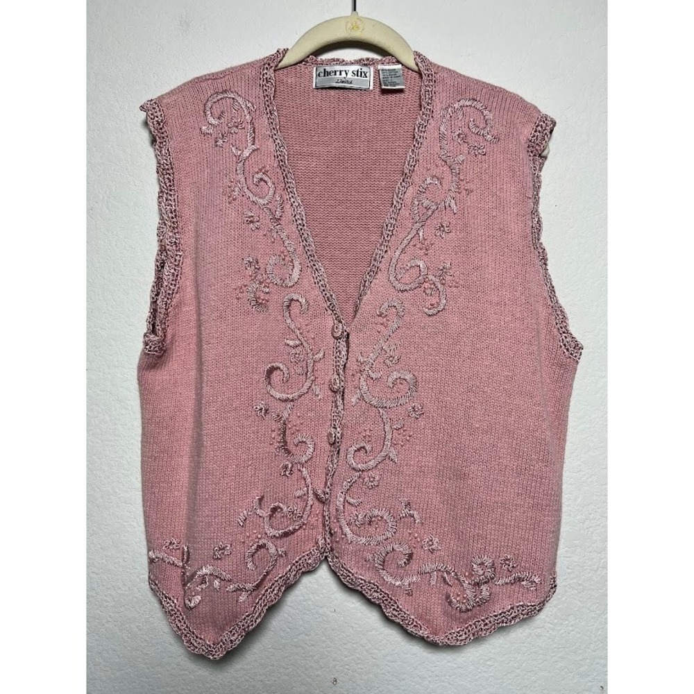 Cherry Stix Limited Vest L Pink Embroidered Ramie Crochet Cottagecore Grandma